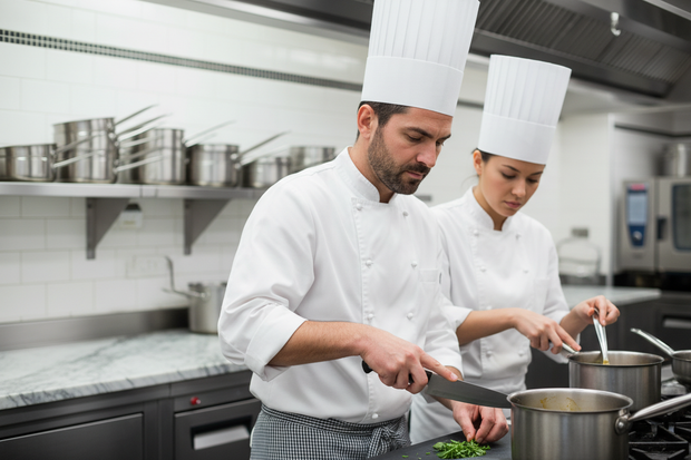 genera otra imagen pero con un zoom mas cerca a los cocineros, quiero que solo esten 2 chef, 