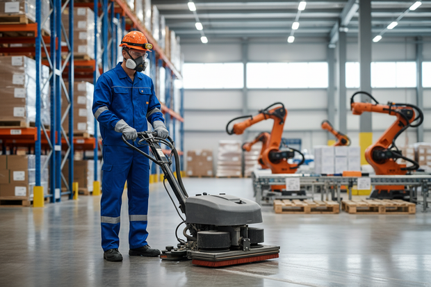 Obrero con uniforme y protección industrial limpia un piso de un almacén, se muestran de fondo maquinarias, una industria, zoom mas cerca del hombre pero que logre verse la maquina mientras limpia